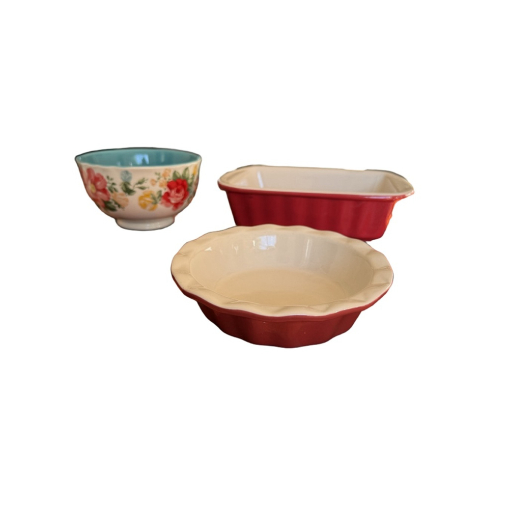 3 pc ovenware microwave red loaf sm pie pioneer woman bowl